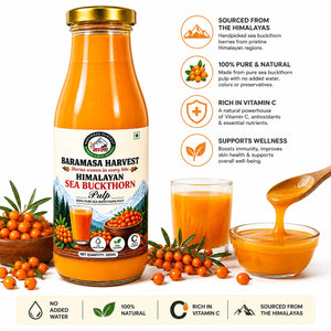 Sea buckthorn pulp poured from a spoon beside the Baramasa Harvest 300 ml bottle
