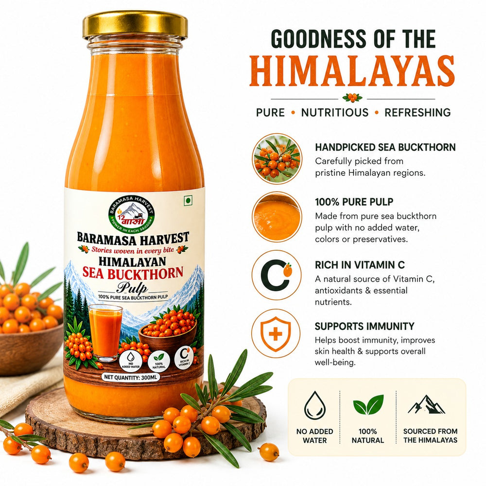 Baramasa Harvest sea buckthorn pulp bottle on wooden stand with sea buckthorn branches