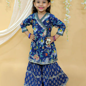 Kid’s Girls Pure Cotton Jaipur Block Printed Indian Ethnic Festive Party Wear Suit Sets | Blue - EarthBased 