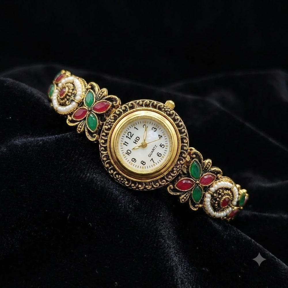 Kashmiri Antique Floral Bracelet Watch on black velvet