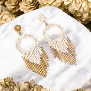 White Beaded Hoop Earrings with Gold Fringe – Elegant Statement Jewellery - EarthBased 