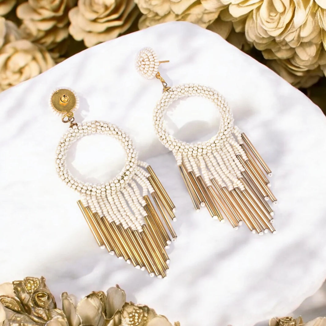 White Beaded Hoop Earrings with Gold Fringe – Elegant Statement Jewellery - EarthBased 