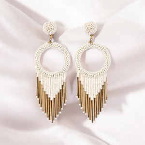 White Beaded Hoop Earrings with Gold Fringe – Elegant Statement Jewellery - EarthBased 
