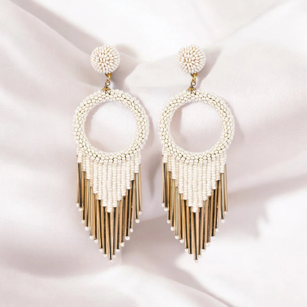 White Beaded Hoop Earrings with Gold Fringe – Elegant Statement Jewellery - EarthBased 