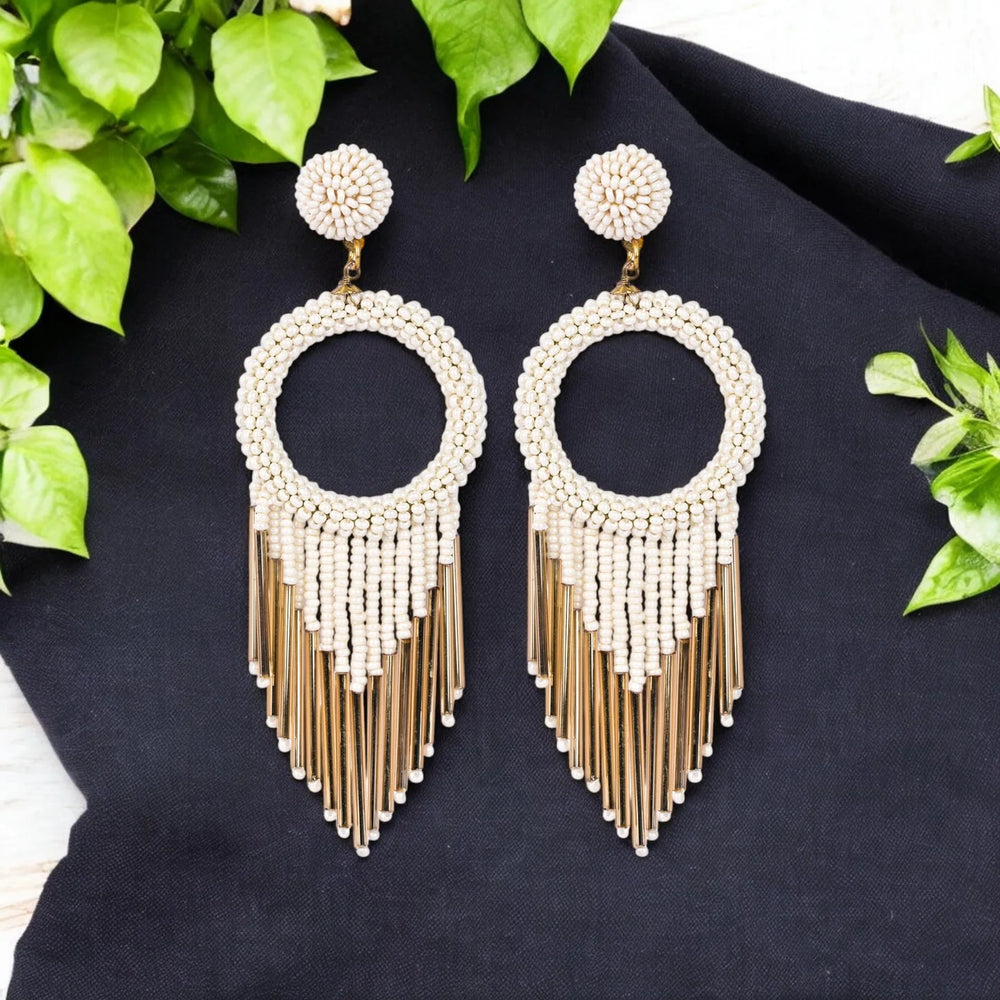 White Beaded Hoop Earrings with Gold Fringe – Elegant Statement Jewellery - EarthBased 