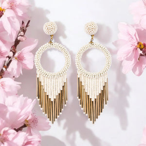 White Beaded Hoop Earrings with Gold Fringe – Elegant Statement Jewellery - EarthBased 