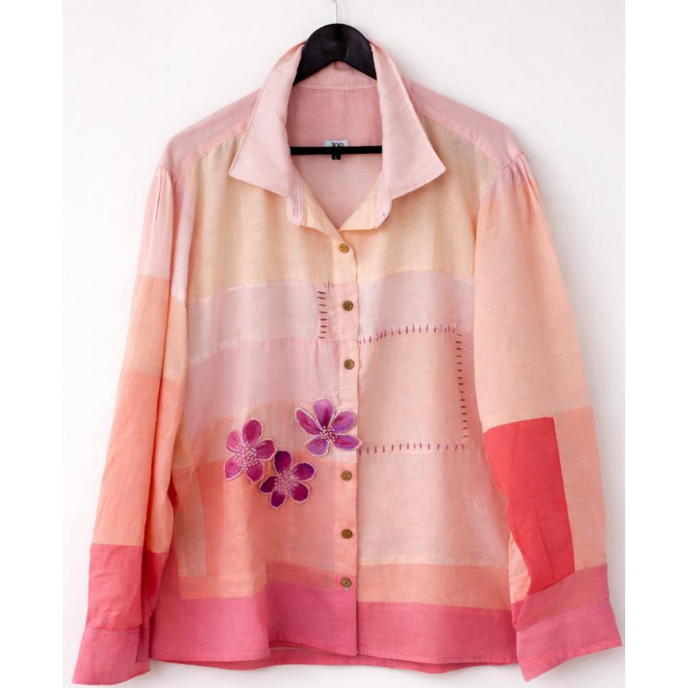 JOD pink and peach cotton patchwork shirt with floral applique and embroidery