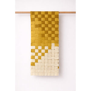 JOD woven cotton table runner in mustard and off-white reclaimed fabric strips