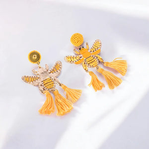 Yellow Beaded Bee Earrings with Tassel Accents – Statement Jewelry for a Bold Look - EarthBased 
