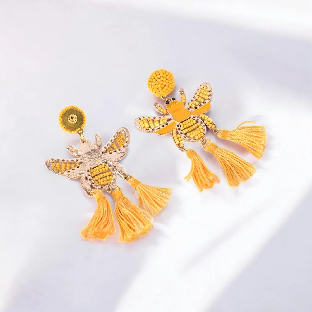 Yellow Beaded Bee Earrings with Tassel Accents – Statement Jewelry for a Bold Look - EarthBased 