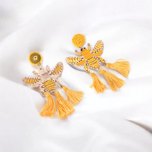 Yellow Beaded Bee Earrings with Tassel Accents – Statement Jewelry for a Bold Look - EarthBased 