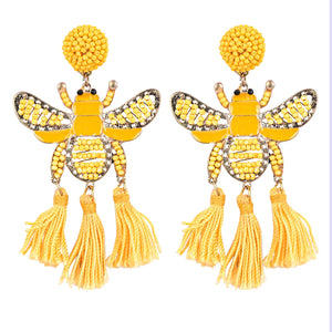 Yellow Beaded Bee Earrings with Tassel Accents – Statement Jewelry for a Bold Look - EarthBased 