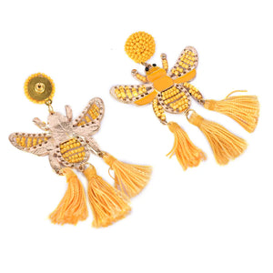 Yellow Beaded Bee Earrings with Tassel Accents – Statement Jewelry for a Bold Look - EarthBased 