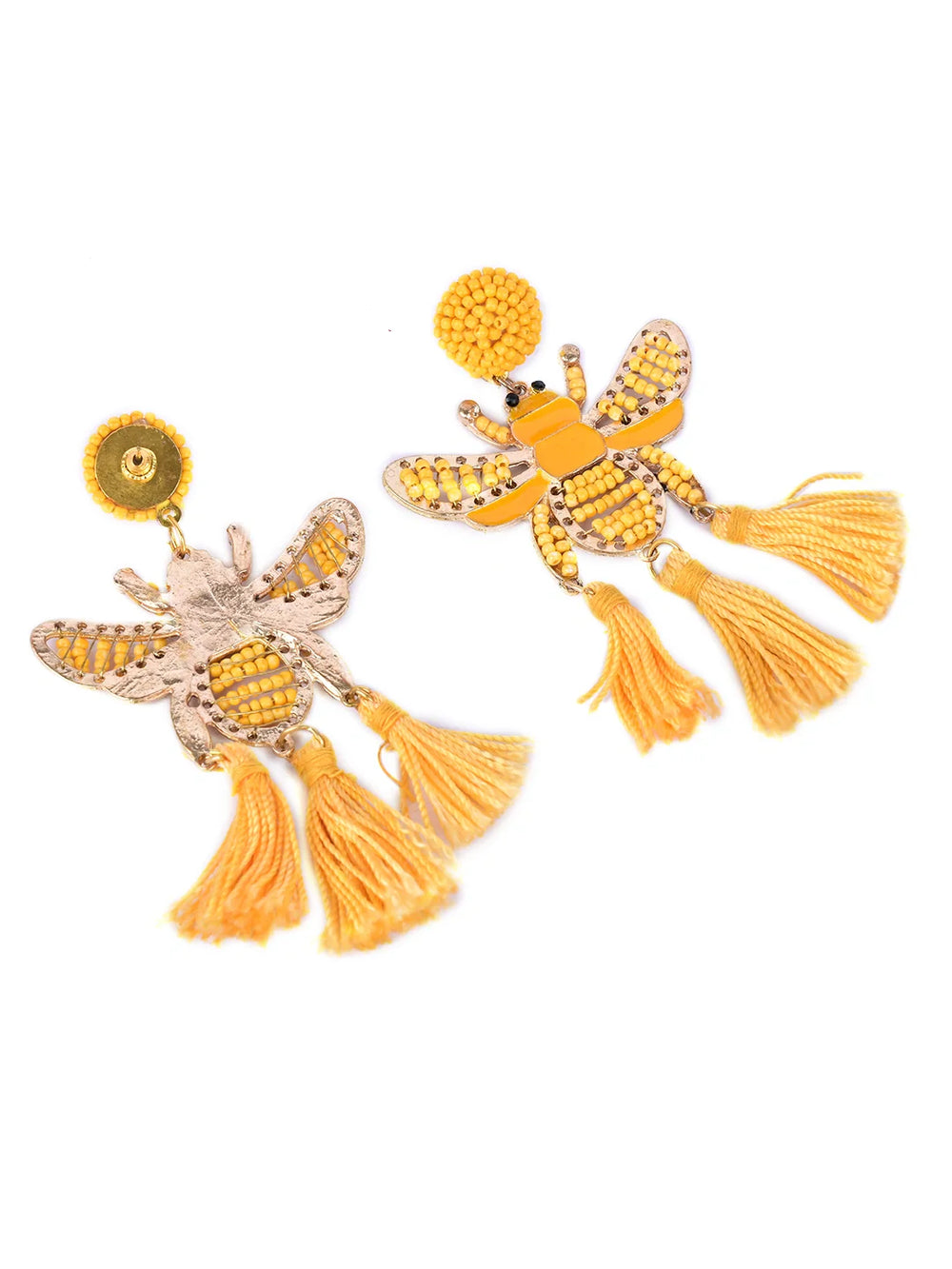 Yellow Beaded Bee Earrings with Tassel Accents – Statement Jewelry for a Bold Look - EarthBased 