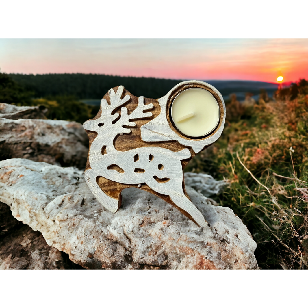 ONEarth handcrafted Jamun wood reindeer tea light holders, pair