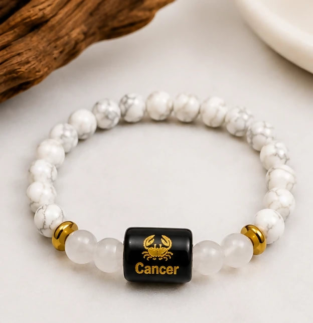 Cancer zodiac crystal bracelet in natural Howlite and Milky Quartz by Nature Heal