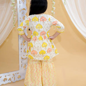 Kid’s Girls Pure Cotton Jaipur Block Printed Indian Ethnic Festive Party Wear Suit Sets | Yellow - EarthBased 