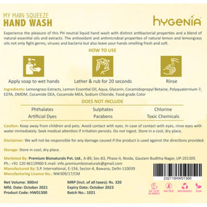 Hygenia My Main Squeeze Handwash - Lemon & Lemongrass 300ml - EarthBased 