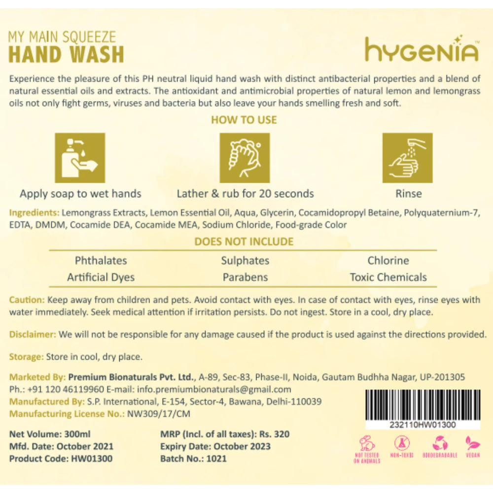 Hygenia My Main Squeeze Handwash - Lemon & Lemongrass 300ml - EarthBased 