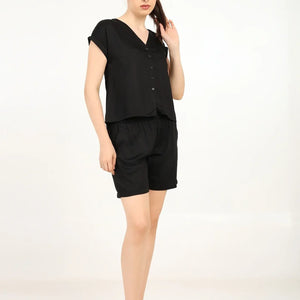 Women’s Modal Satin Night Suit – 2PC Soft Shirt & Shorts Sleepwear | Black - EarthBased 