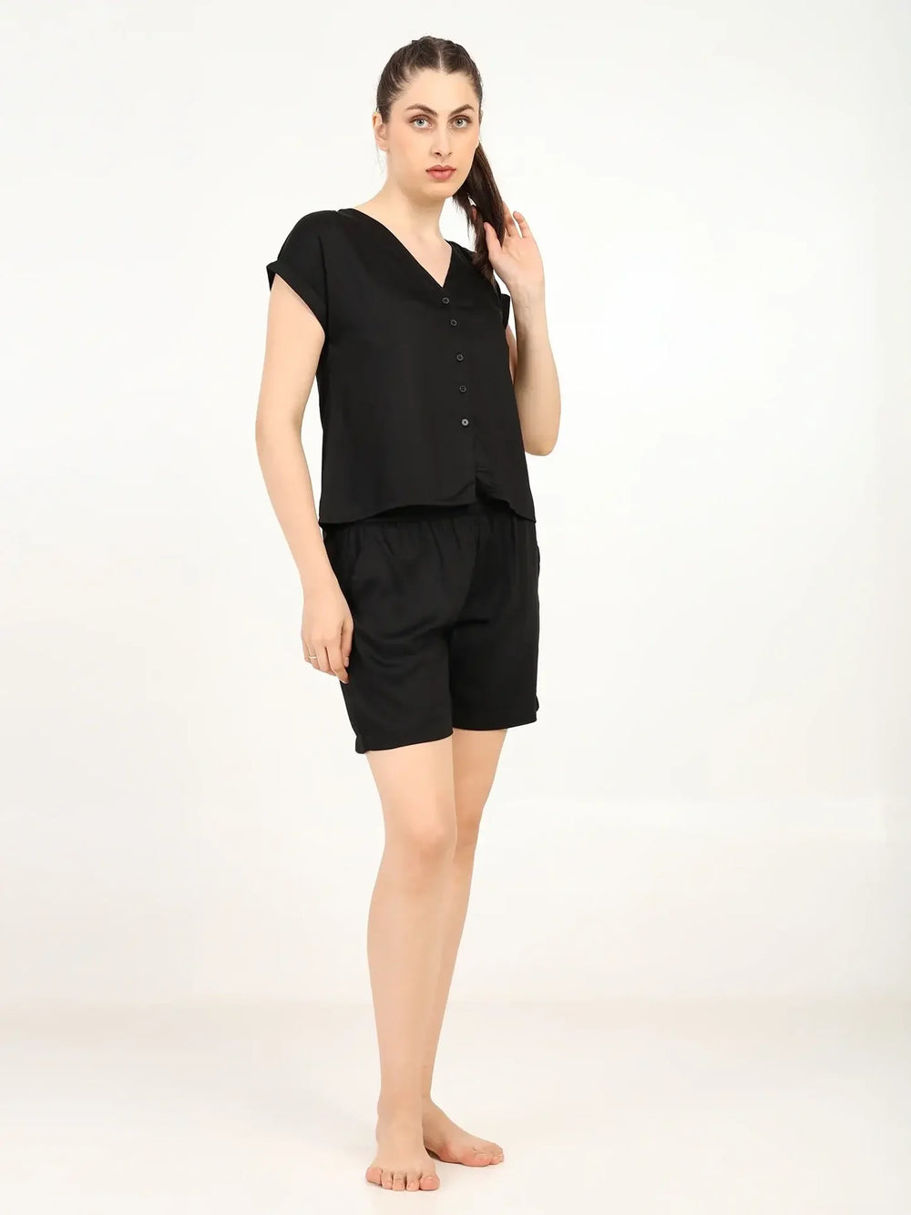 Women’s Modal Satin Night Suit – 2PC Soft Shirt & Shorts Sleepwear | Black - EarthBased 