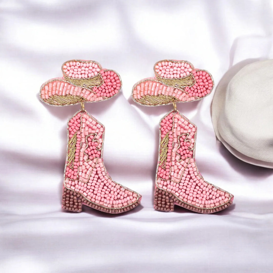 Pink Beaded Cowboy Boot and Hat Statement Earrings - EarthBased 