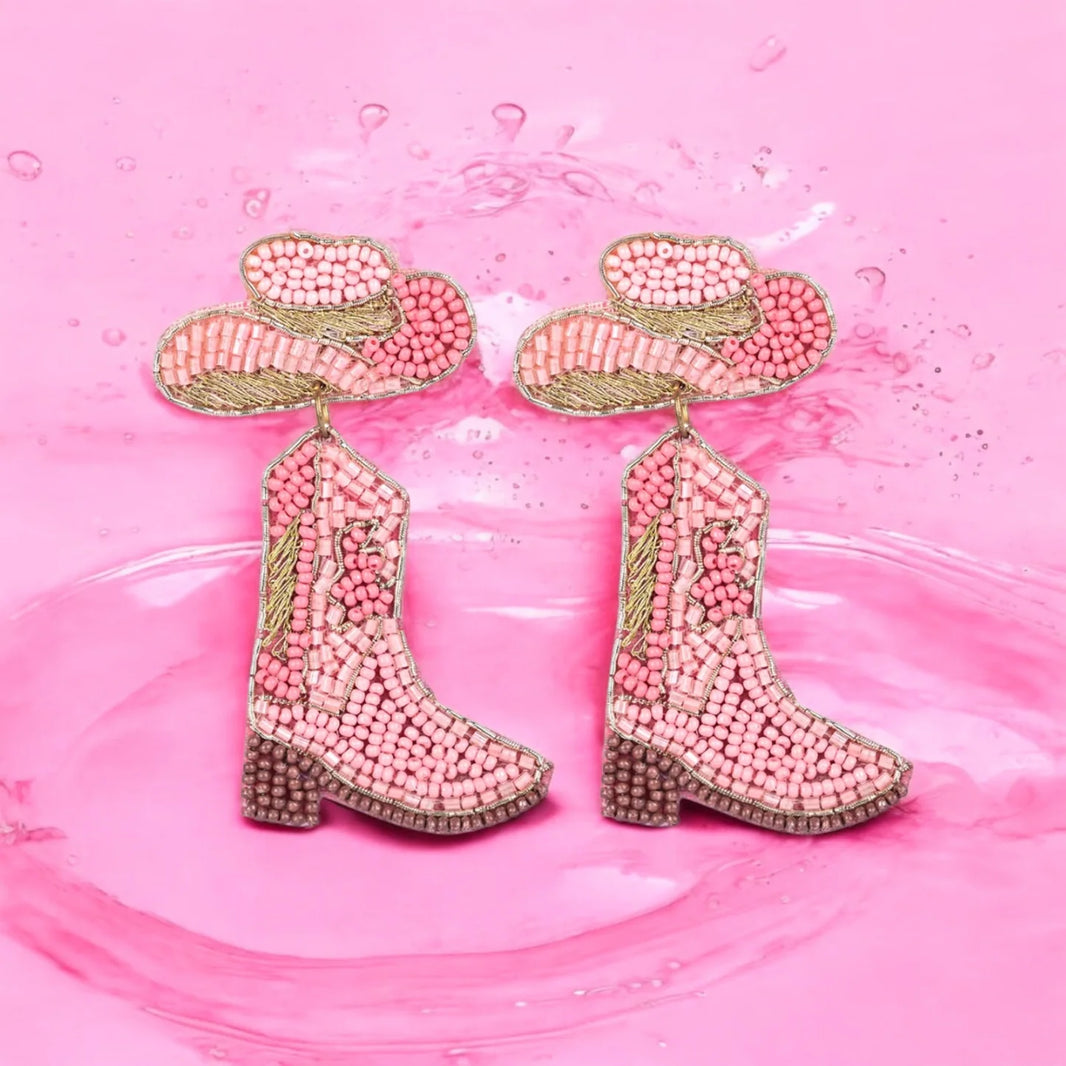 Pink Beaded Cowboy Boot and Hat Statement Earrings - EarthBased 
