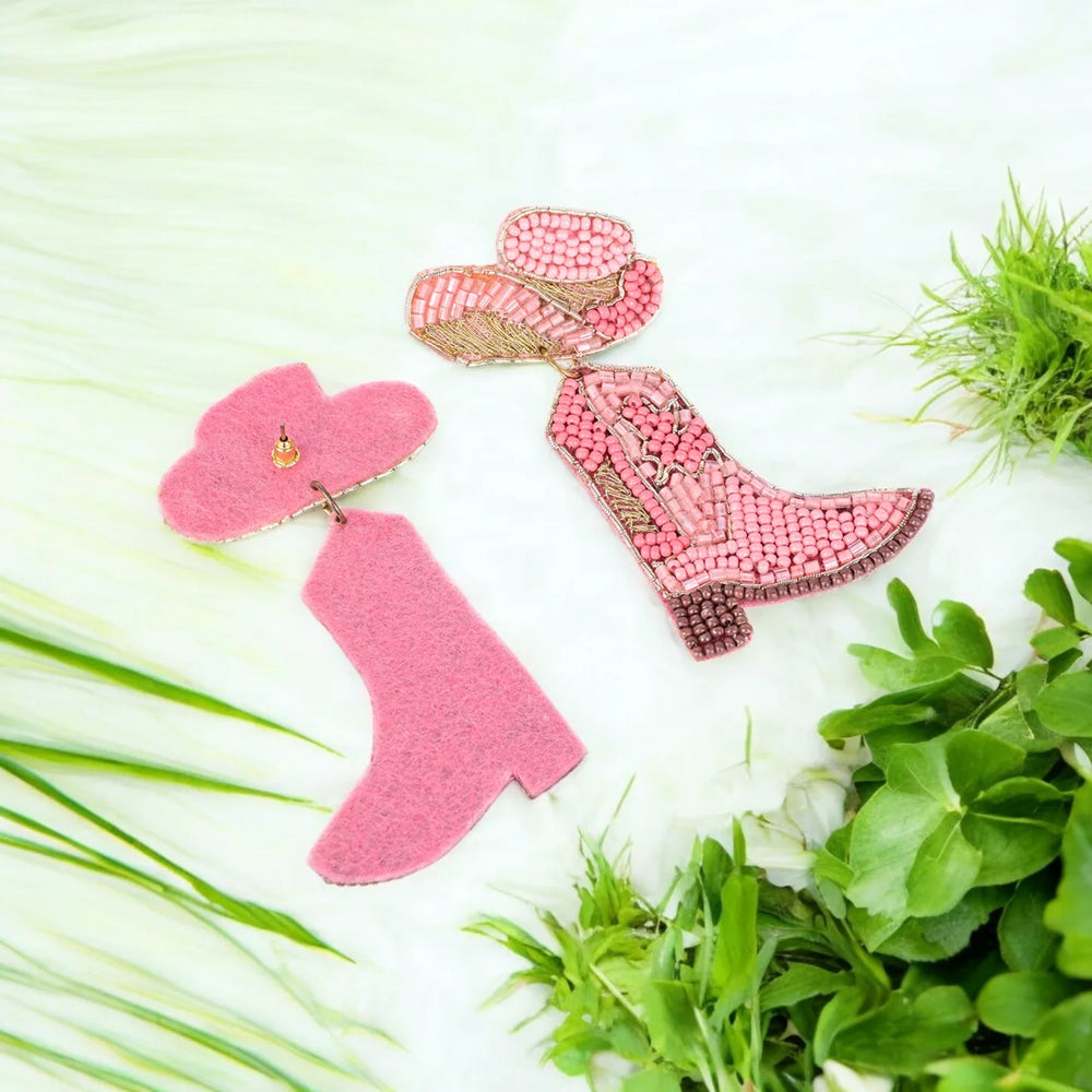 Pink Beaded Cowboy Boot and Hat Statement Earrings - EarthBased 