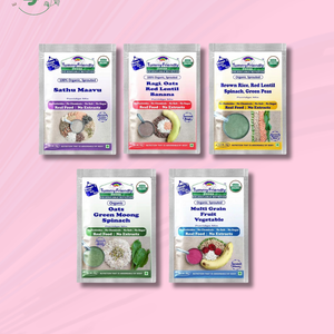 TummyFriendly Foods Certified Organic Stage3 Sprouted Porridge Mixes Trial Packs | Organic Baby Food for 8 Months Old | Sprouted Ragi, Brown Rice, Oats, Sathu Maavu, Pulses, Vegetables & Fruit | 50g Each, 5 Packs Cereal (250 g, Pack of 5, 8+ Months) - EarthBased 