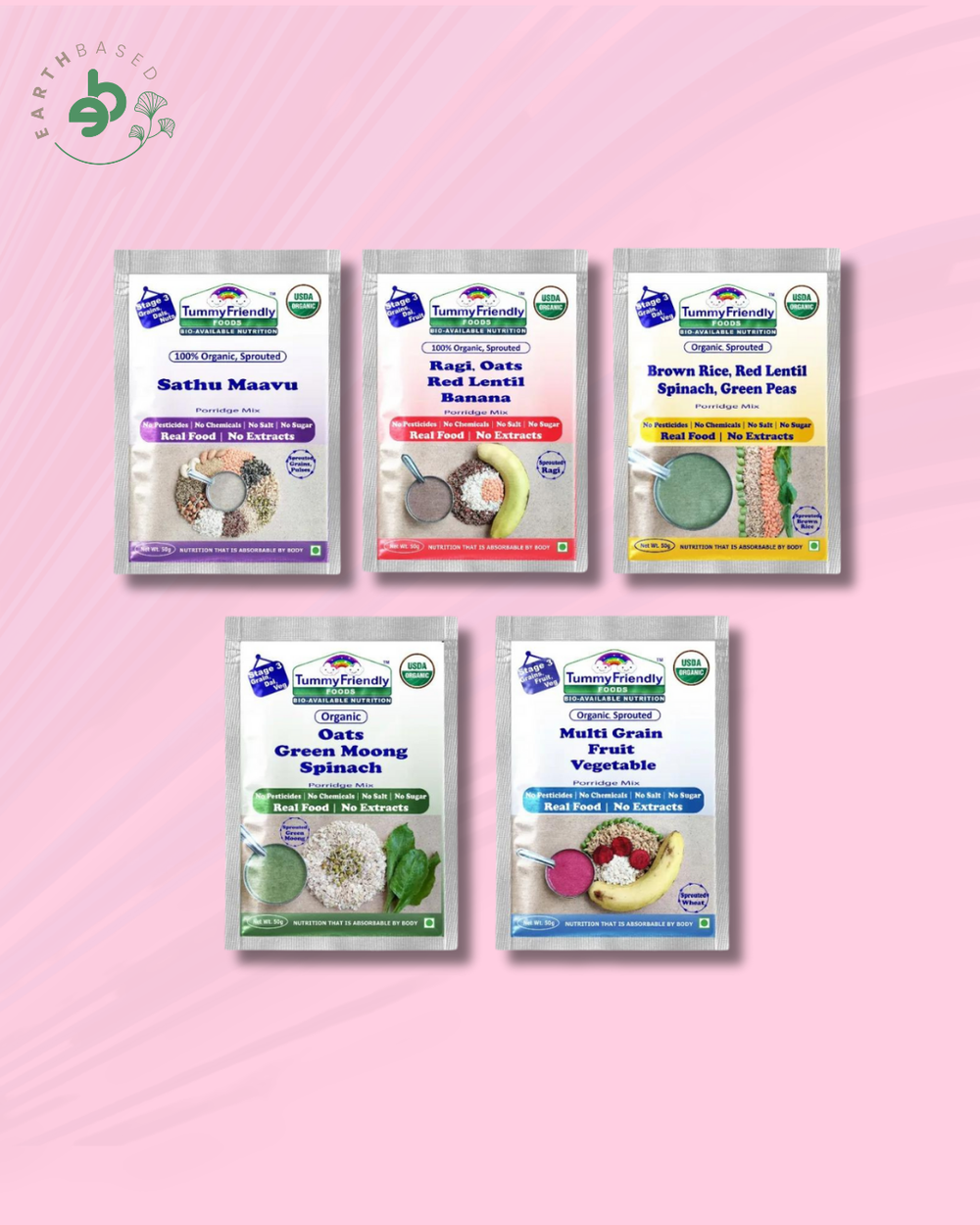 TummyFriendly Foods Certified Organic Stage3 Sprouted Porridge Mixes Trial Packs | Organic Baby Food for 8 Months Old | Sprouted Ragi, Brown Rice, Oats, Sathu Maavu, Pulses, Vegetables & Fruit | 50g Each, 5 Packs Cereal (250 g, Pack of 5, 8+ Months) - EarthBased 