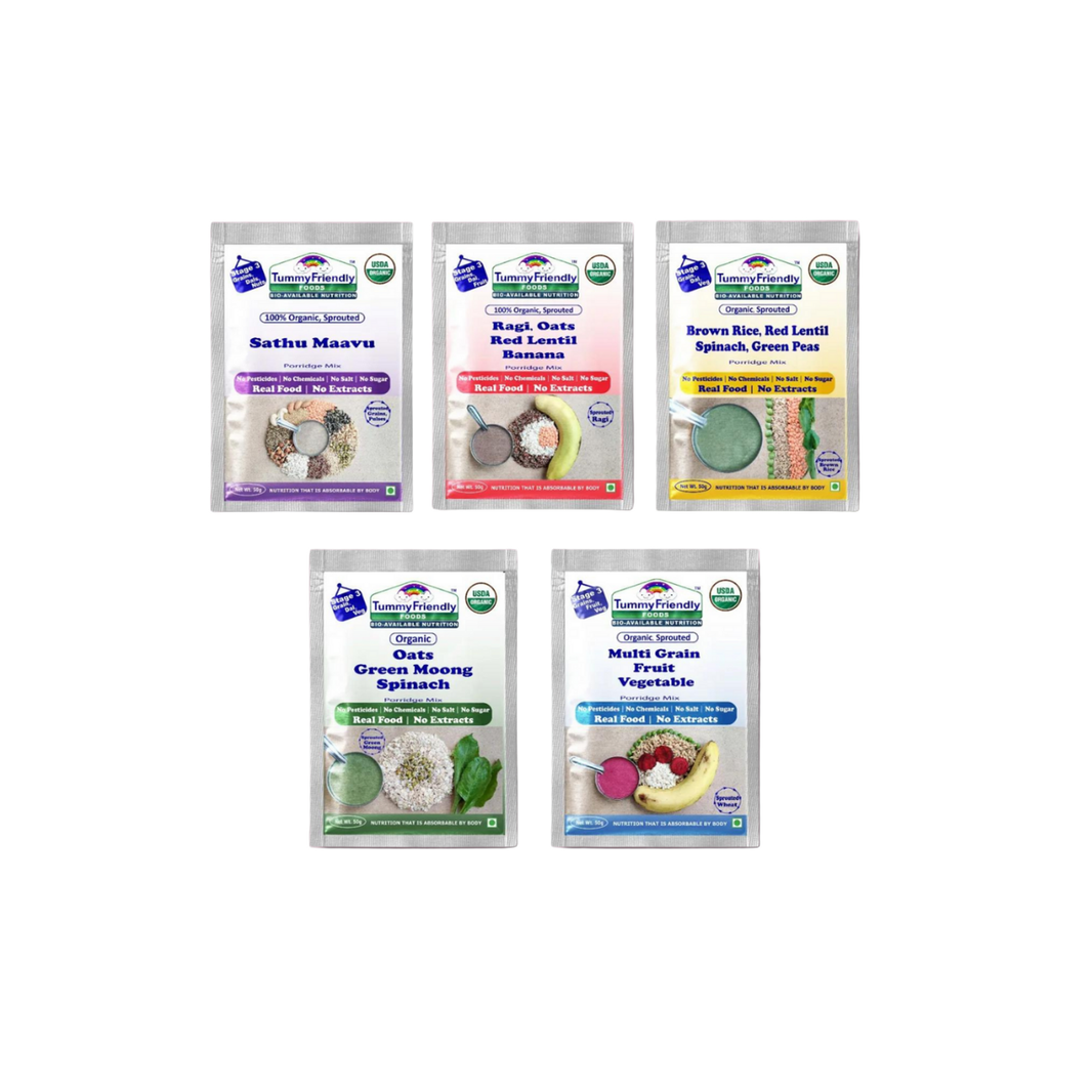 TummyFriendly Foods Certified Organic Stage3 Sprouted Porridge Mixes Trial Packs | Organic Baby Food for 8 Months Old | Sprouted Ragi, Brown Rice, Oats, Sathu Maavu, Pulses, Vegetables & Fruit | 50g Each, 5 Packs Cereal (250 g, Pack of 5, 8+ Months) - EarthBased 