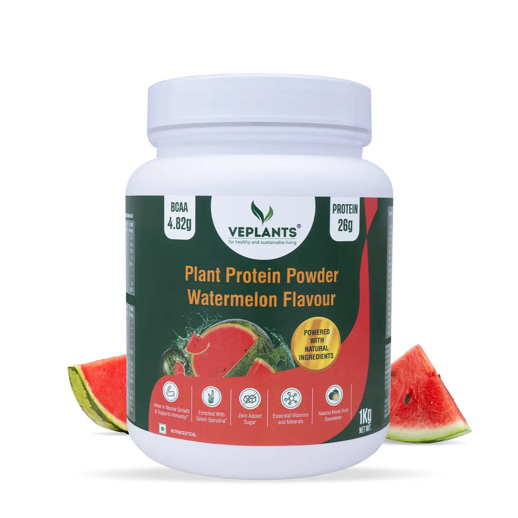 Vegan Protein Powder (1KG) (Watermelon)| Muscle Growth | 26g Pea & Brown Rice Isolate| Complete Amino Acid Profile| 4.82g BCAA| Monk Fruit Extract| Multivitamins, Minerals| No Added Sugar. | Veplants - EarthBased 