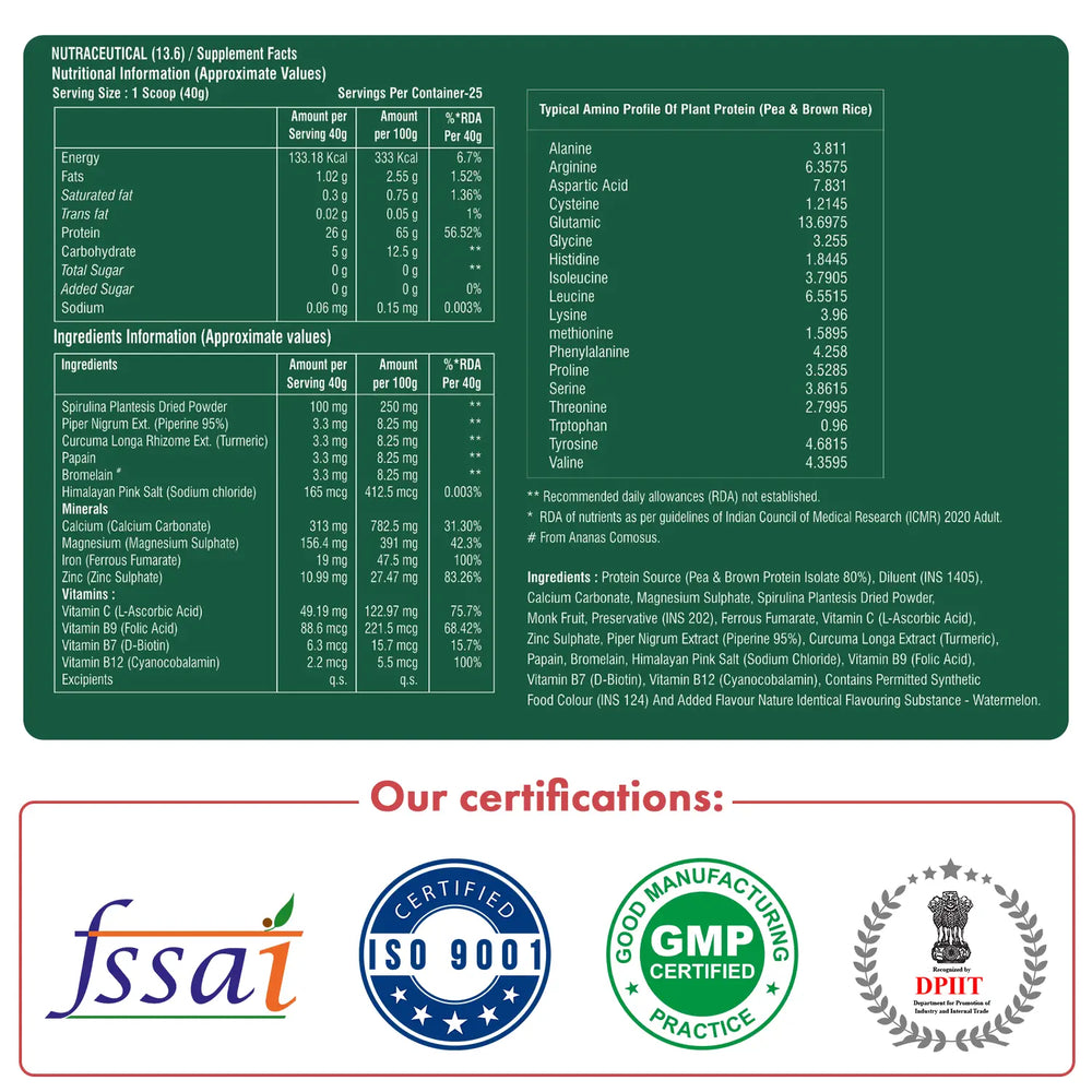 Vegan Protein Powder (1KG) (Watermelon)| Muscle Growth | 26g Pea & Brown Rice Isolate| Complete Amino Acid Profile| 4.82g BCAA| Monk Fruit Extract| Multivitamins, Minerals| No Added Sugar. | Veplants - EarthBased 