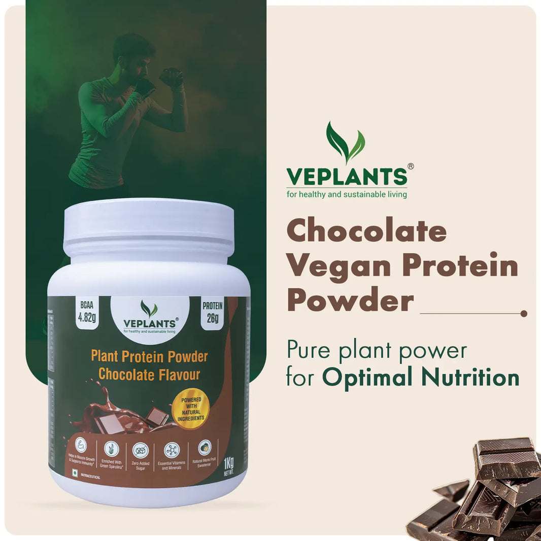 Vegan Plant Based Protein Powder for Fitness(1KG) 26g Pea, Brown Rice Isolate, Complete Amino Acid Profile, 4.82g BCAA, Monk Fruit Extract | Multivitamins Minerals, No Added Sugar (Chocolate) | Veplants - EarthBased 