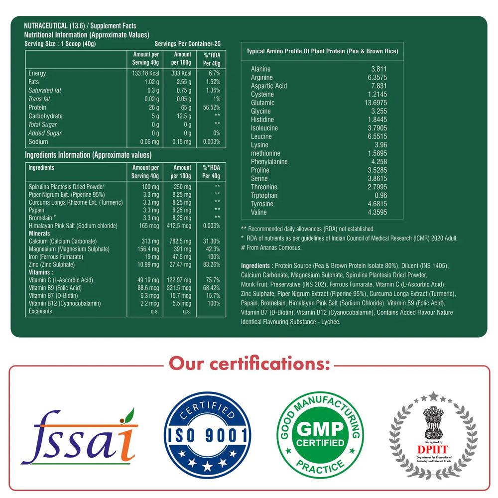 Vegan Protein Powder- 26g Pea & Brown rice Isolate, Complete Amino Acid profile, 4.82 BCAA, Monk Fruit Extract, Multivitamins and Minerals for everyday fitness & immunity, No added sugar, (Lychee, 1Kg) | Veplants . - EarthBased 