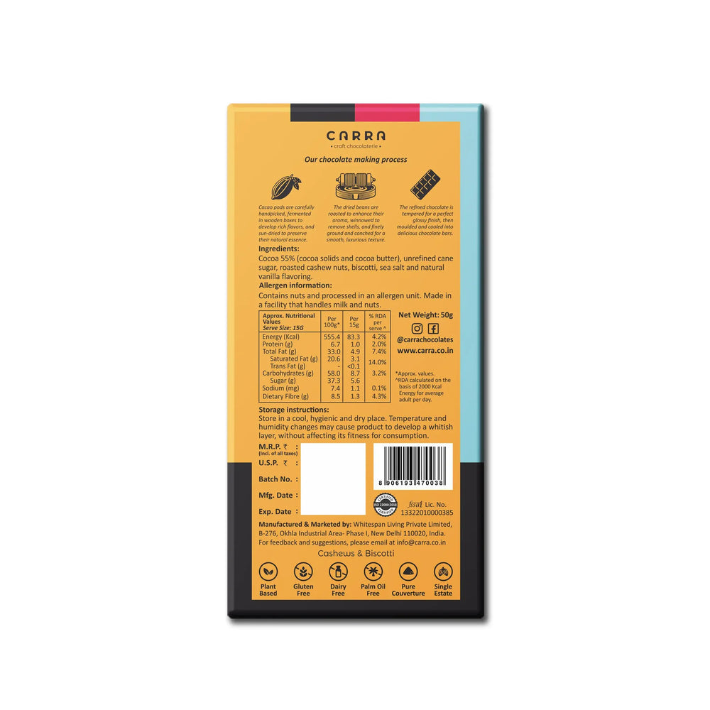 CARRA Cashews & Biscotti in 55% Dark Chocolate 50G - EarthBased 
