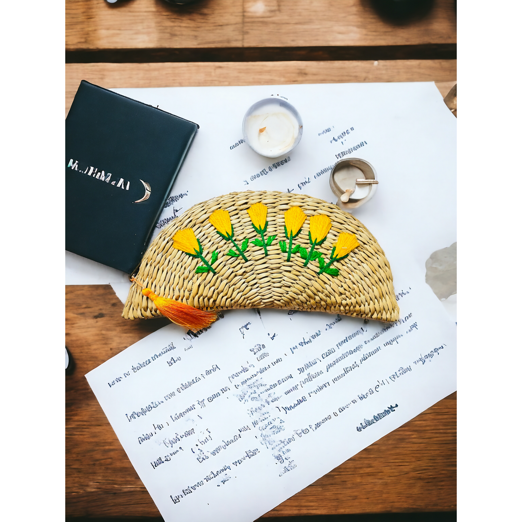 Yellow Kauna grass ethnic purse by ONEarth, handcrafted in Manipur