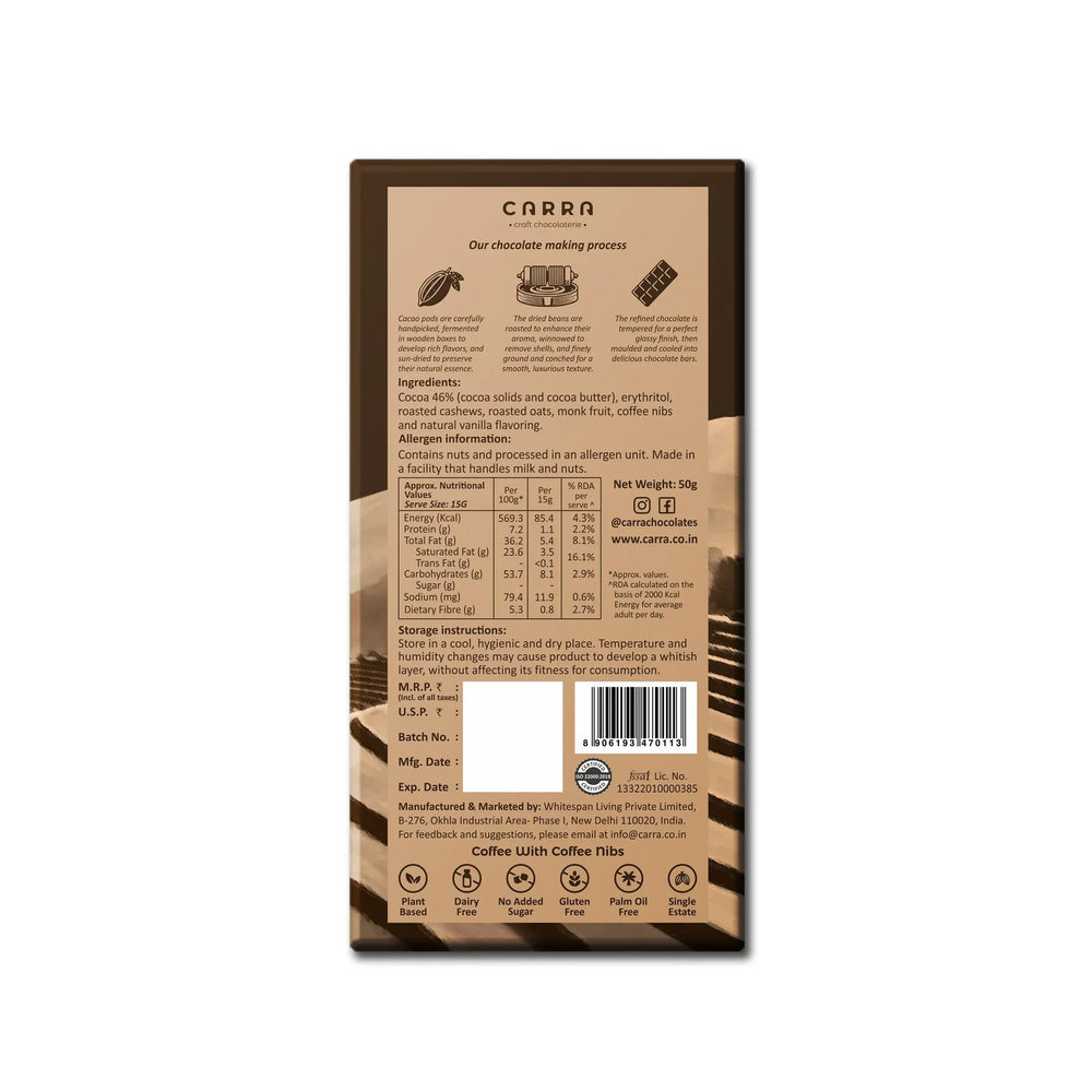CARRA Coffee with coffee nibs in Plant Based Milk Chocolate 50G - EarthBased 