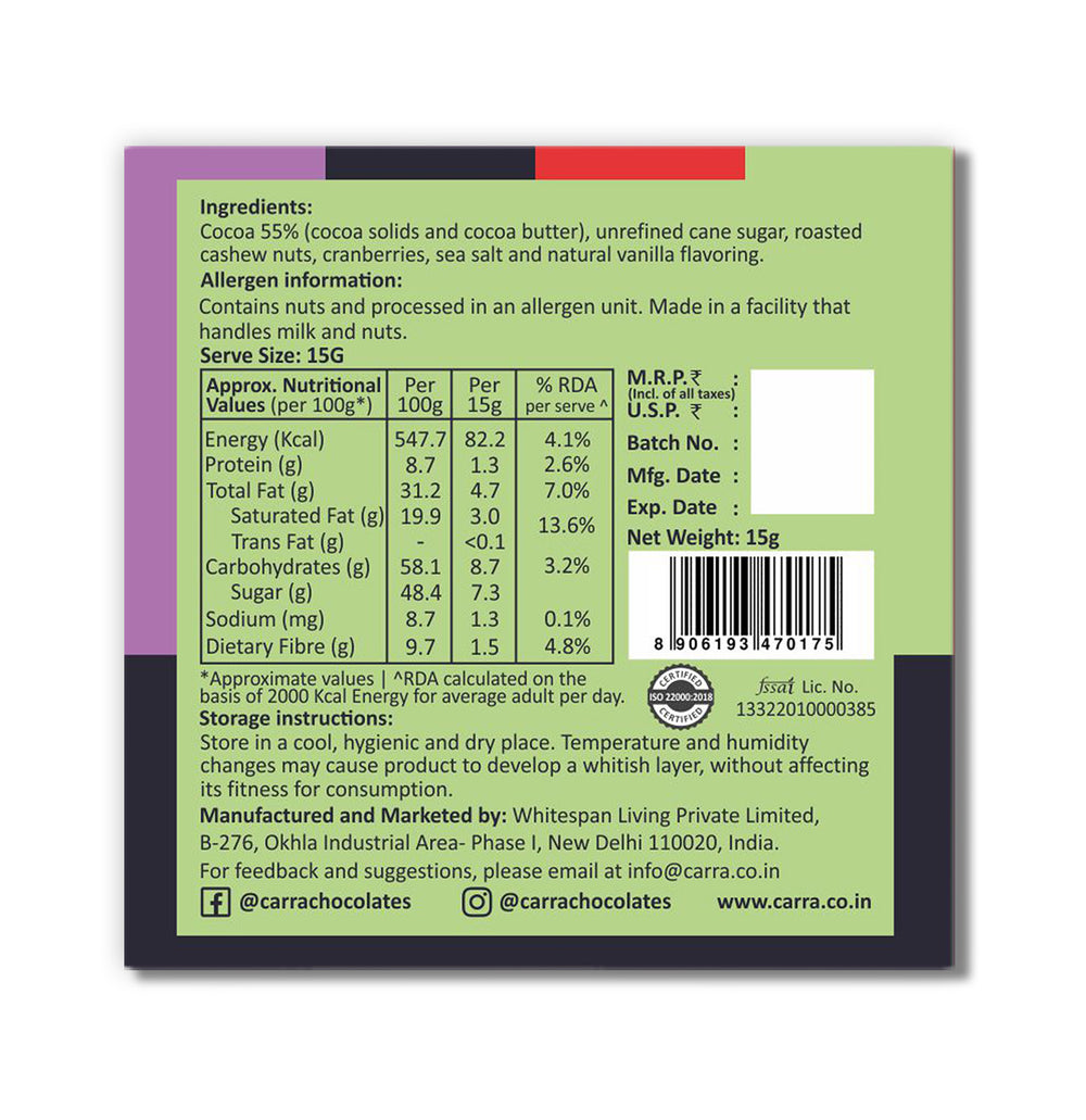 CARRA Cashews & Cranberries in 55% Dark Chocolate 15G - EarthBased 