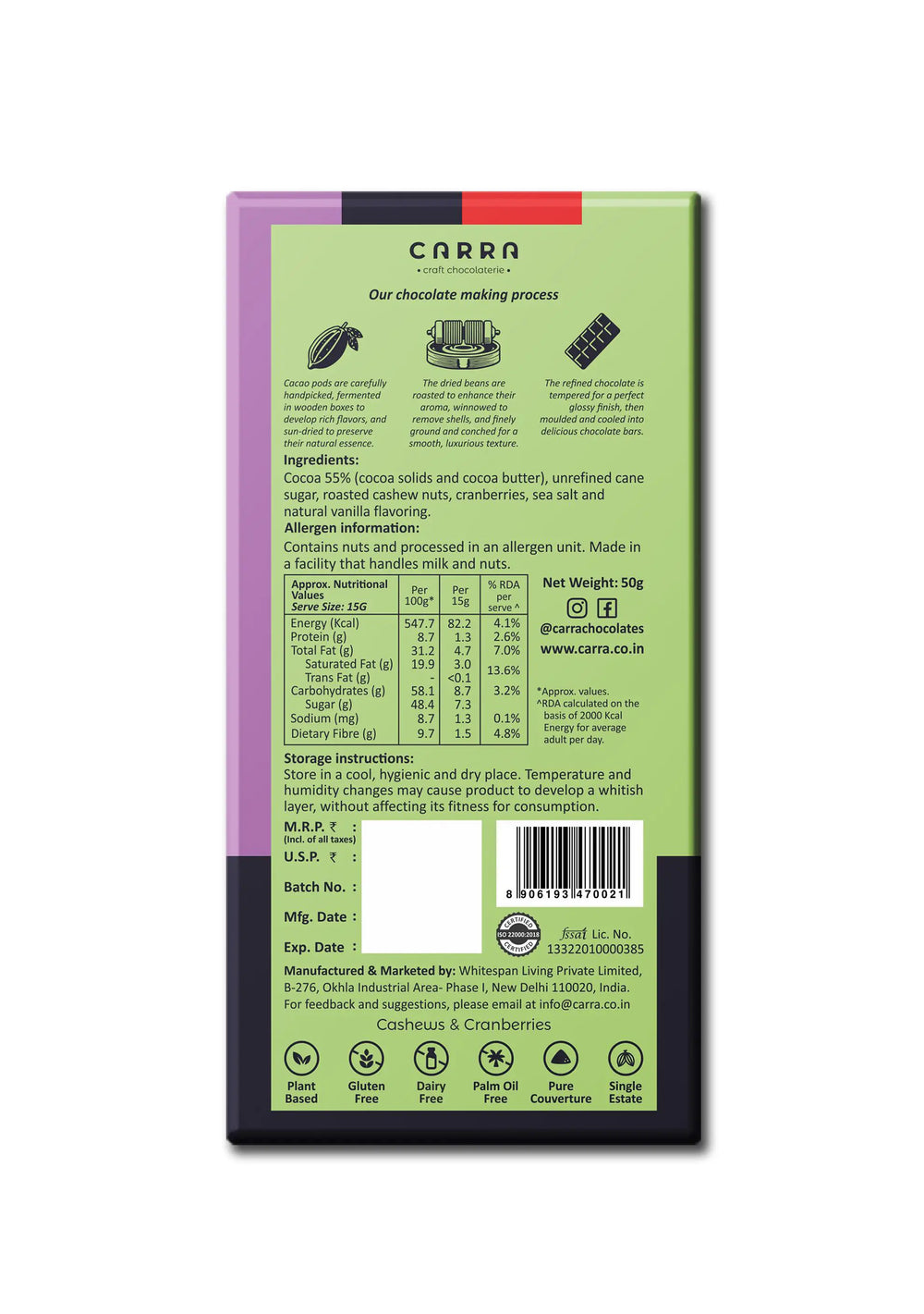 CARRA Cashews & Cranberries in 55% Dark Chocolate 50G - EarthBased 