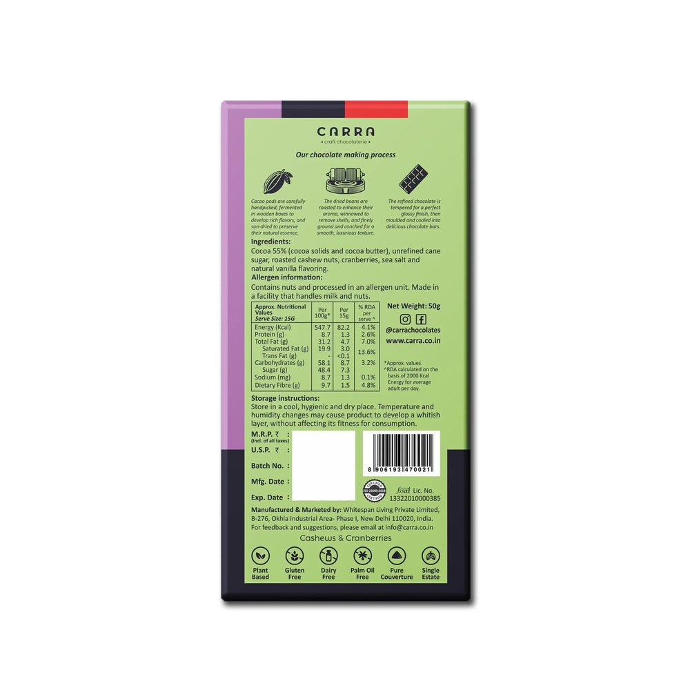 CARRA Cashews & Cranberries in 55% Dark Chocolate 50G - EarthBased 