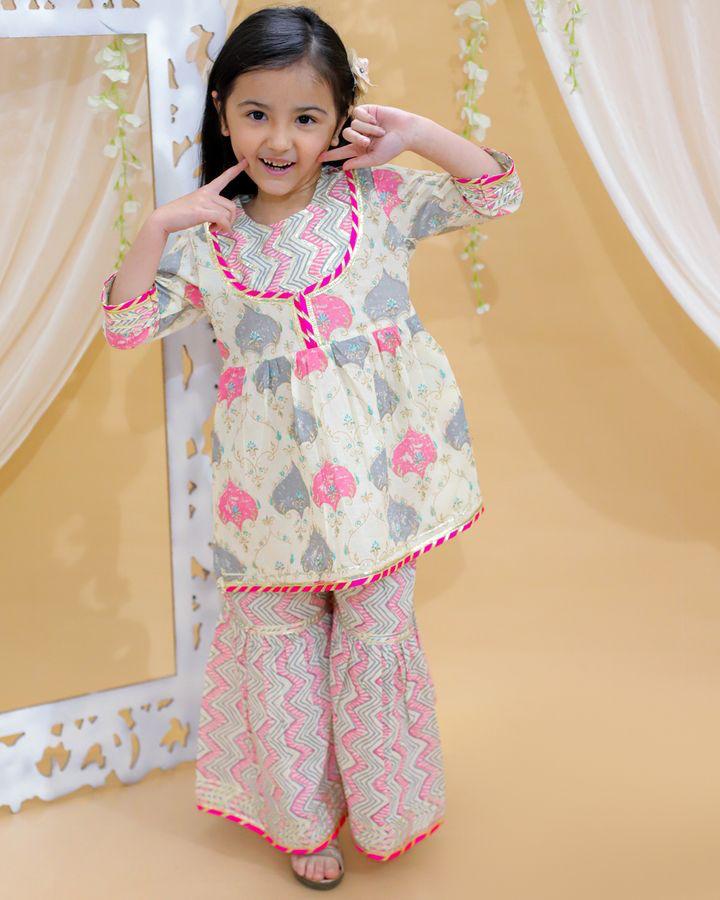 Kid’s Girls Pure Cotton Jaipur Block Printed Indian Ethnic Festive Party Wear Suit Sets | Pink - EarthBased 