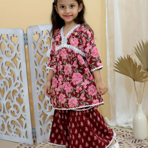 Kid’s Girls Pure Cotton Jaipur Block Printed Indian Ethnic Festive Party Wear Suit Sets | Red - EarthBased 
