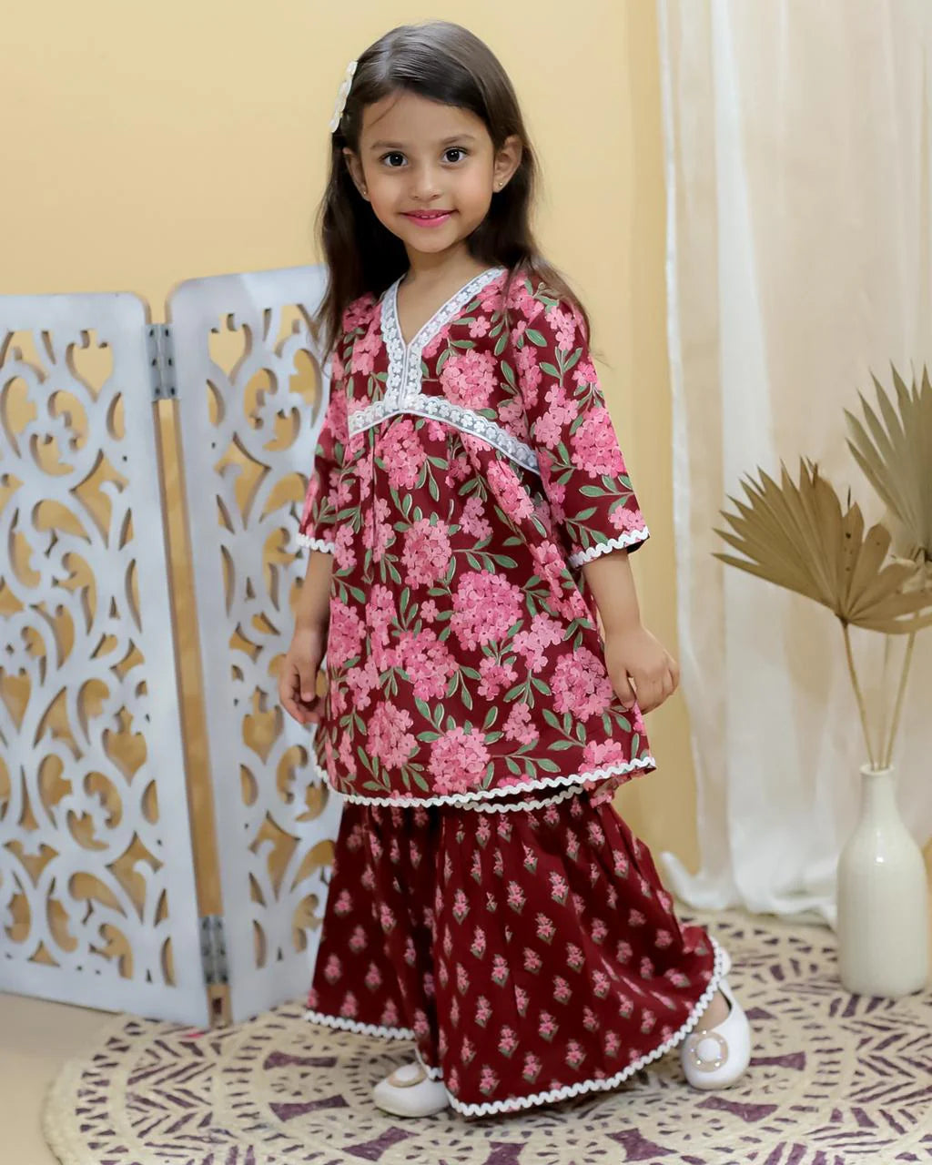 Kid’s Girls Pure Cotton Jaipur Block Printed Indian Ethnic Festive Party Wear Suit Sets | Red - EarthBased 