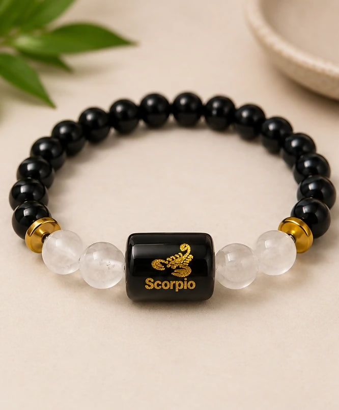 Scorpio zodiac crystal bracelet in natural Black Tourmaline and Milky Quartz
