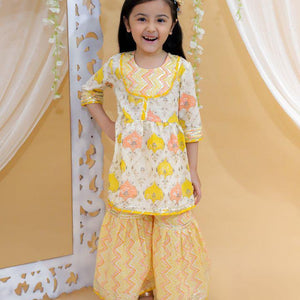Kid’s Girls Pure Cotton Jaipur Block Printed Indian Ethnic Festive Party Wear Suit Sets | Yellow - EarthBased 