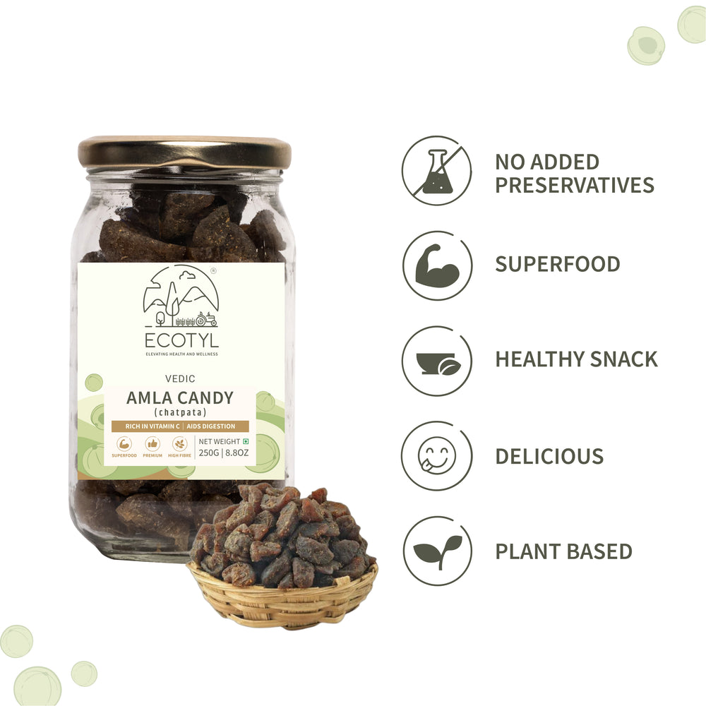 Ecotyl Amla Candy features: no added preservatives, superfood, healthy snack, delicious, plant based