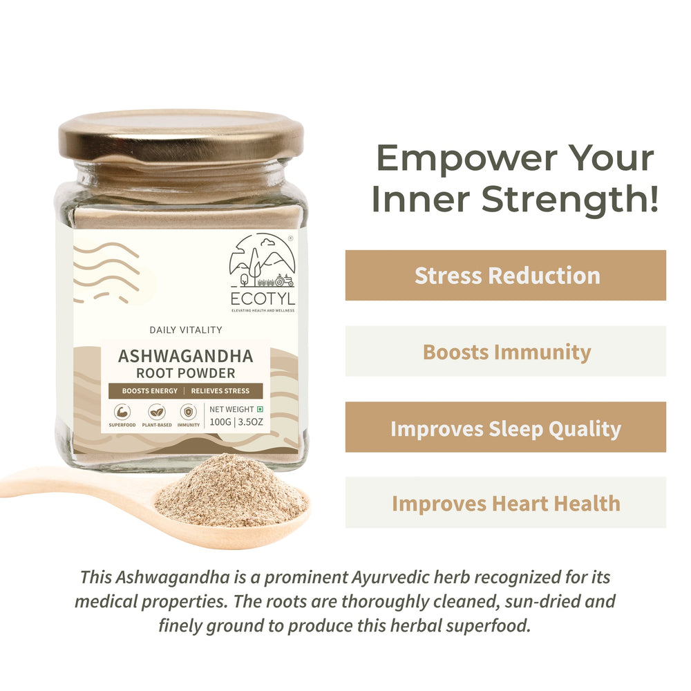 Ecotyl Ashwagandha benefits: stress reduction, boosts immunity, improves sleep quality, improves heart health