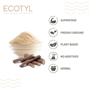 Ecotyl Ashwagandha features: superfood, freshly ground, plant based, no additives, herbal