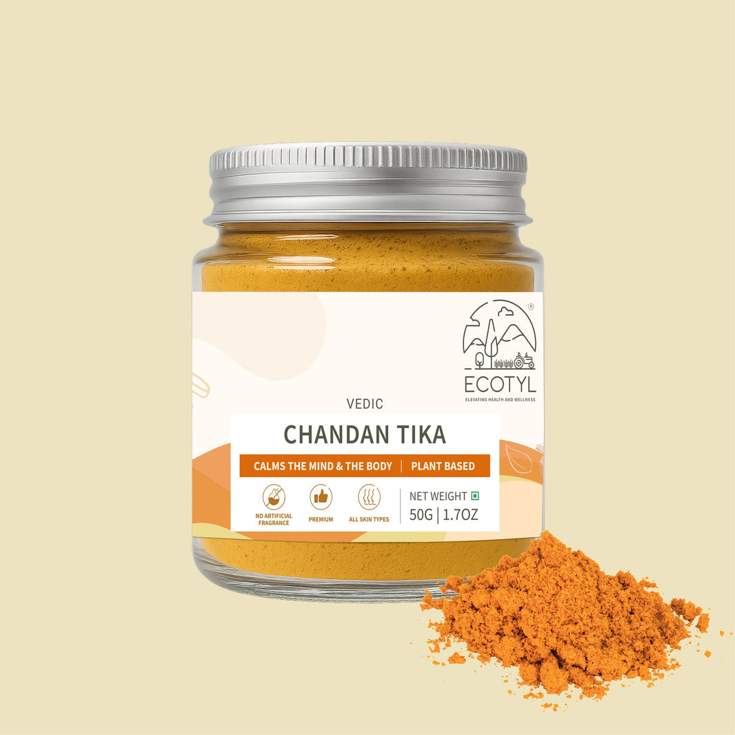 Ecotyl Chandan Teeka 50g jar with turmeric on cream background